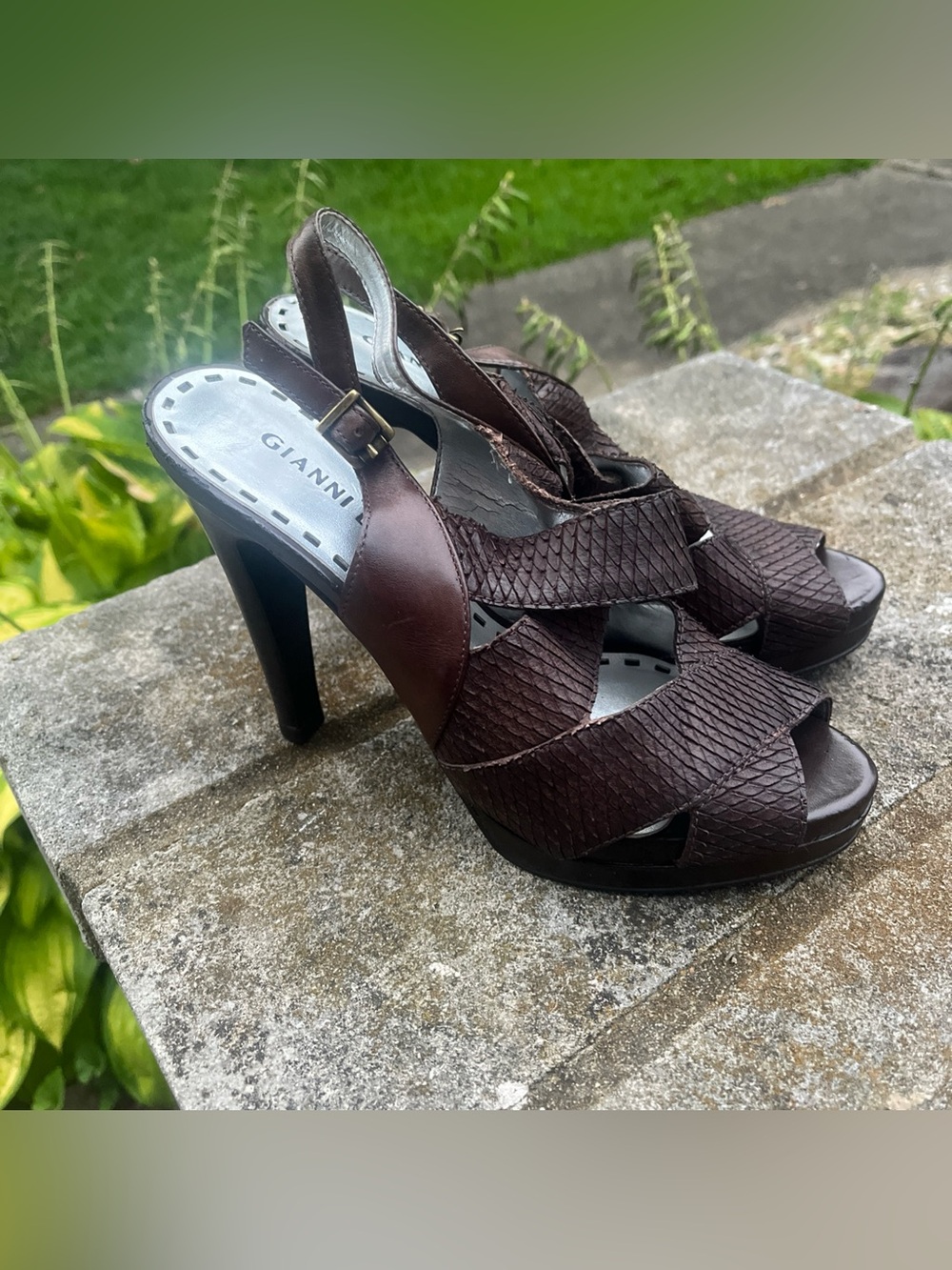 Gianni Bini Brown Snakeskin Leather Platform Slingback Peep Toe Heels Pumps Sz 7